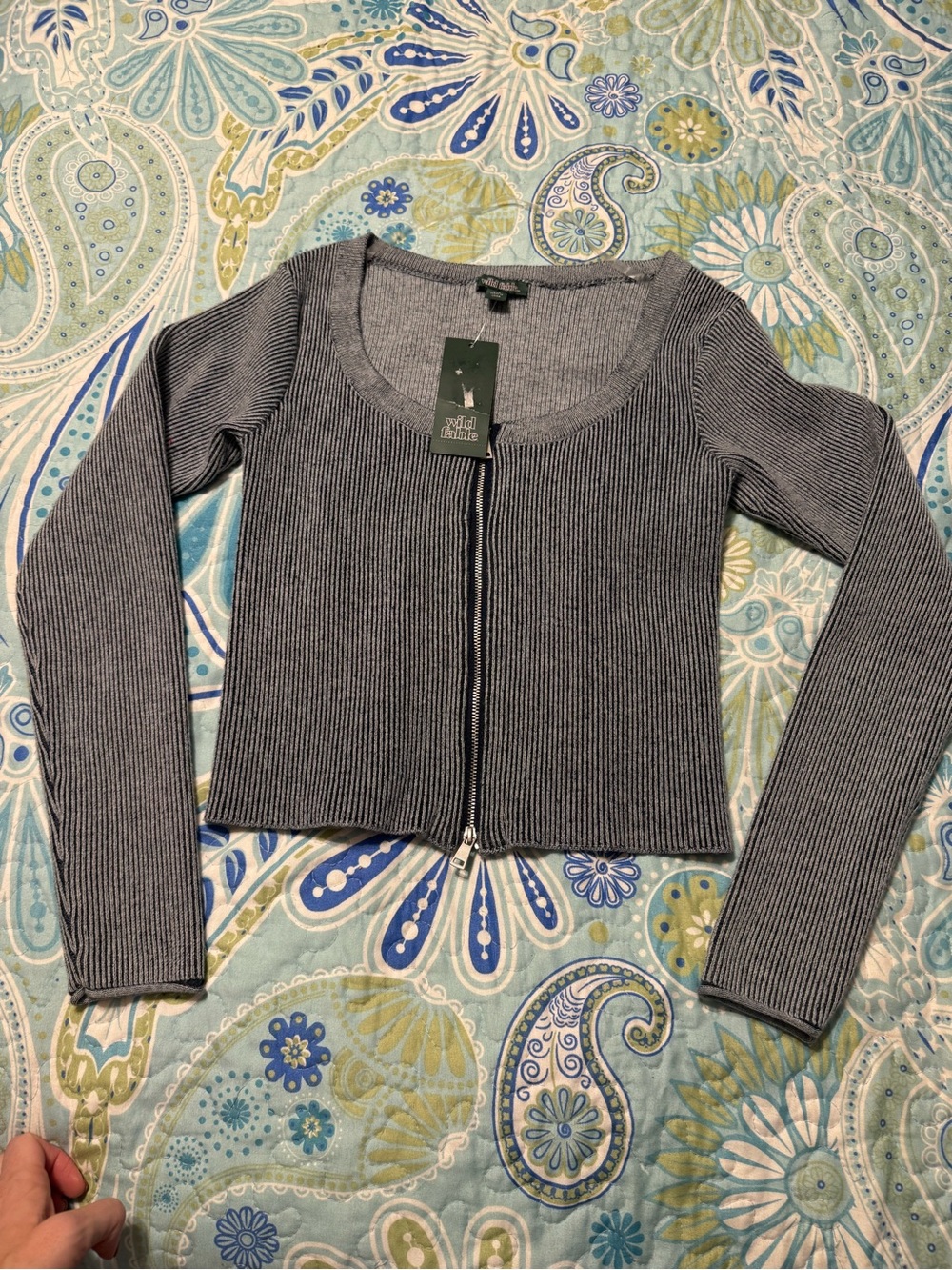 wild fable Ribbed Zip-Front Long Sleeve Crop Top - Gray/Navy